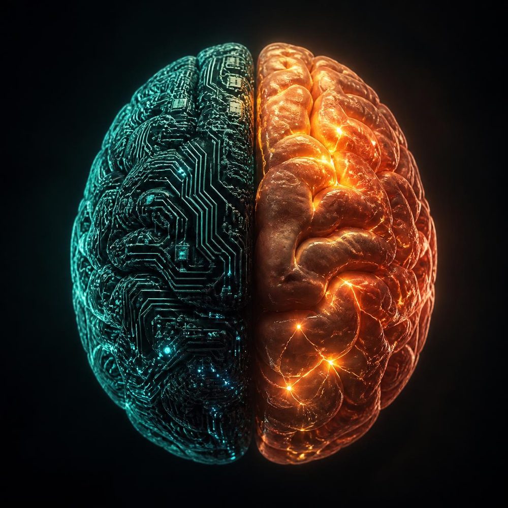 A brain drawn in two halves, one in cool teal circuitry and the other in warm amber
